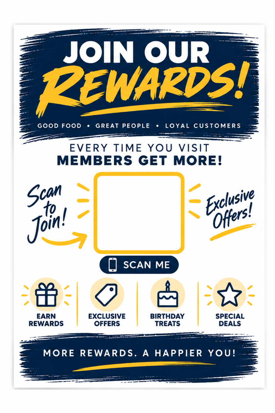 Join our rewards card in navy and gold