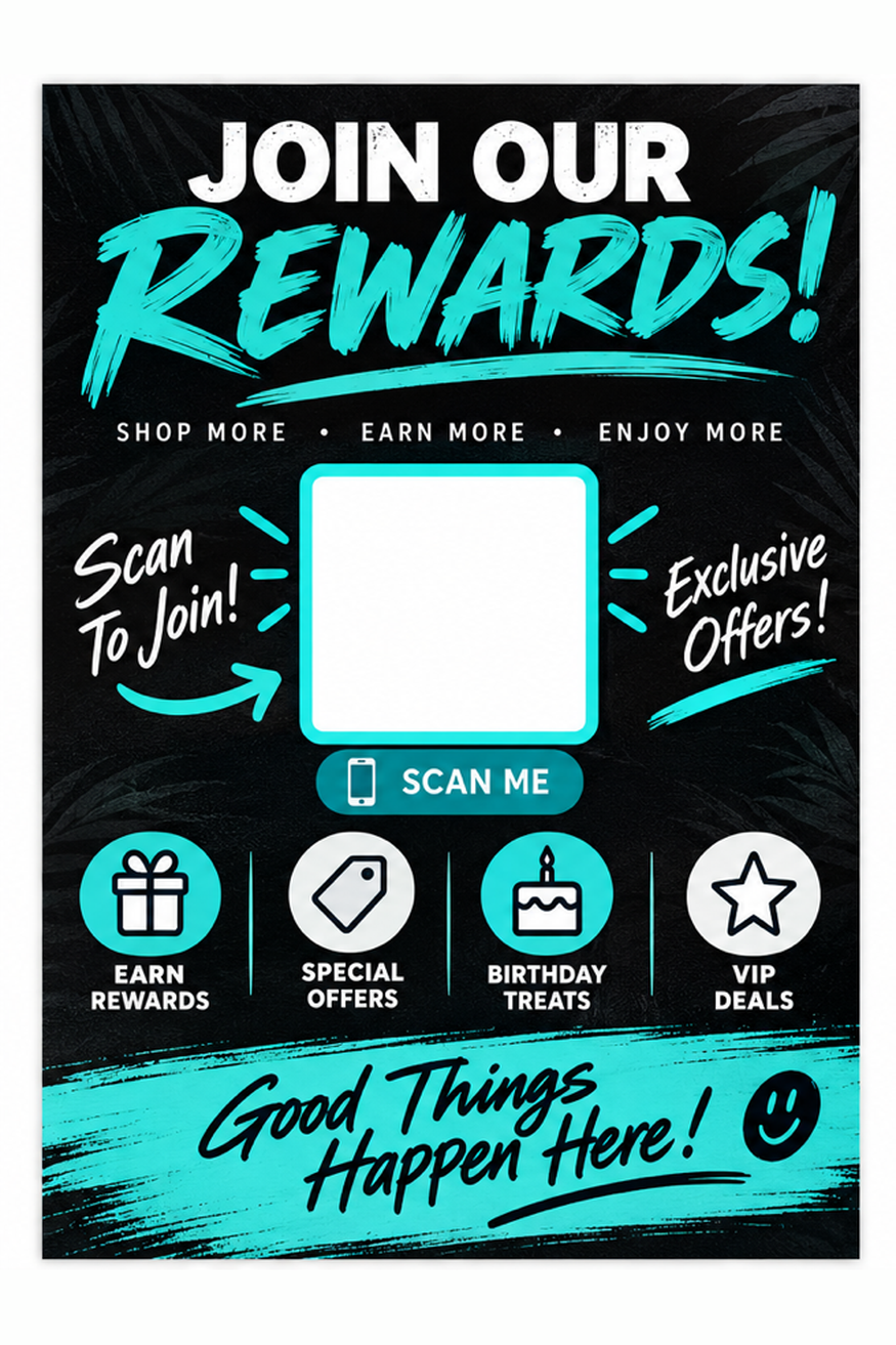 Join our rewards card in black and teal